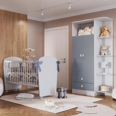 Imagem de Quarto de Bebê Completo Guarda Roupa e Berço Corijinha Percasa - Branco com Azul