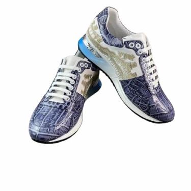 Imagem de Tênis masculino autêntico de pele de crocodilo pintado à mão cor azul couro de jacaré genuíno bordado designer masculino sem cadarço, Azul, 39