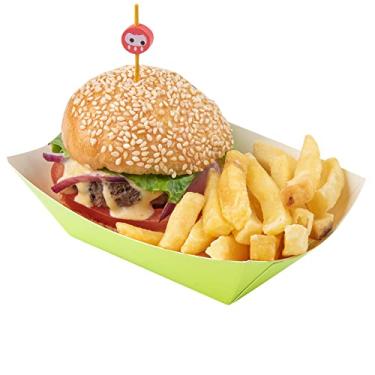 Imagem de Barcos para alimentos Bio Tek de 8,5 cm, 400 bandejas descartáveis de papel para alimentos - resistente, resistente à gordura, barcos de papel verde para batatas fritas, pipocas ou tacos, use em festas, feiras ou piqueniques - Restaurantware