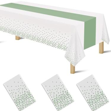 Imagem de Pacote com 3 toalhas de mesa descartáveis 2 em 1 de 137 x 274 cm, toalha de mesa retangular para festa de bolinhas brancas e verdes sálvia para casamento, aniversário, chá de bebê, aniversário, Natal,