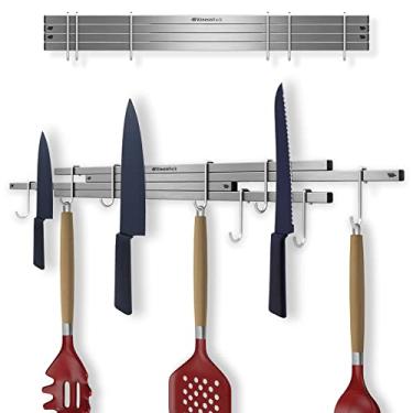 Imagem de KINESISRACK Suporte magnético de faca para parede, 40 a 76 cm estendido. Nova geração de bloco magnético para barra com ganchos, organizador de parede de utensílios de cozinha. 4 tiras magnéticas fortes para suporte de ferramentas