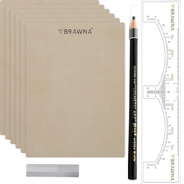 Imagem de BRAWNA 6 peças de pele de prática frente e verso sem tinta para tatuagem de sobrancelha com lápis de mapeamento PMU [cor aleatória], apontador de lâmina de barbear e adesivo de régua de sobrancelha