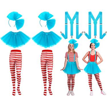 Imagem de Conjunto de 2 conjuntos de fantasia de tutu de tule, saias de tutus, calças listradas, faixa de cabeça, suspensórios ajustáveis para festa, cosplay (pequeno)