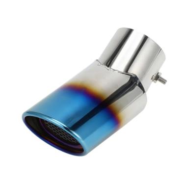 Imagem de VekAuto 1 peça ponta de escape curvada de corte inclinado 7,4 cm entrada 10 cm saída 17,5 cm comprimento tubo de escape parafuso universal para carro em aço inoxidável azul queimado traseiro
