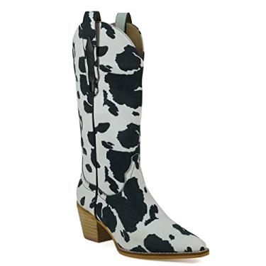 Imagem de ARider Bota feminina feminina estilo faroeste de cano médio com salto empilhado, bico cortado, Vaca branca e preta, 36
