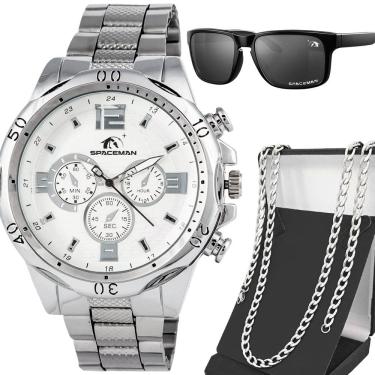 Imagem de Relógio Masculino Prata Aço Inoxidável + Cordão + Óculos Sol Social Grumet Inoxidável Proteção UV
