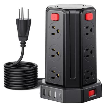 Imagem de Filtro de linha SMALLRT, protetor contra surtos elétricos, cabo de extensão de 3 m, com 12 saídas CA, 4 entradas USB (1 USB C), estação de carregamento de mesa (preto, 5 m)