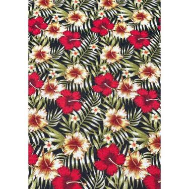 Imagem de Tecido Jacquard Estampado Hibisco Vermelho Fundo Preto - 1,40m de Larg