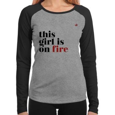 Imagem de Baby Look Raglan This girl is on fire Manga Longa - Foca na Moda, Cinz