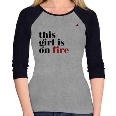 Imagem de Baby Look Raglan This girl is on fire Manga 3/4 - Foca na Moda, Cinza,