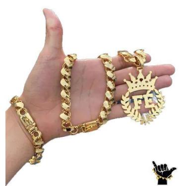 Imagem de Corrente Friso S 12mm + Pulseira + Pingente - Banhado a Ouro - Tojoia1