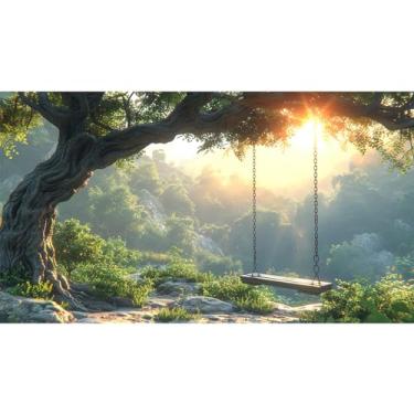 Imagem de Cenário de árvore verde primavera ao ar livre de tirar o fôlego montanha campo piquenique luz do sol céu grama fundo balanço para fotografia, férias, crianças, casamento, festa de aniversário, cabine