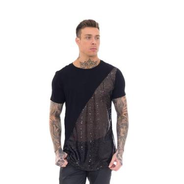Imagem de Camiseta  masculina longline paetê camisa  com  lantejola - Execução J