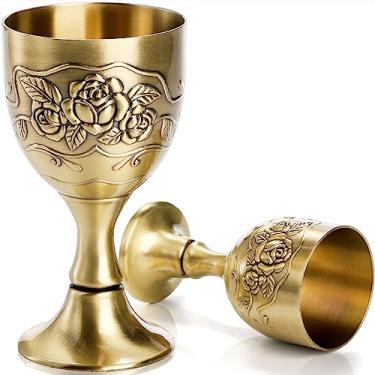 Imagem de 2 Pack Vintage Chalice Goblet, Brass Altar Cup, Gold Communion Wine Glass, Metal Copper Holy Cup Worship Shot Chalice for Liquor, Ritual, Royal Medieval Decor, 5 OZ/1 OZ, Embossed Flower