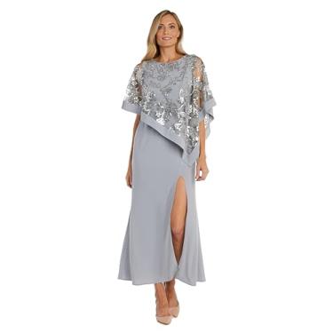 Imagem de R&M Richards Vestido de noite feminino plus size com poncho de renda, prata, Prata, 52
