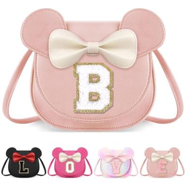 Imagem de izuzta Bolsa infantil para crianças 1 2 3 4 5 6 7 8 anos de idade bonito mouse orelha laço bolsa transversal presente de aniversário, Grande/bolsa rosa/letra branca, B, B