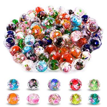 Imagem de 70 peças de contas de vidro de flores para joias/pulseiras/artesanato/fabricação de colar - lampwork de areia dourada bonito cristal sementes de vidro do mar contas boho para artesanato de rosário