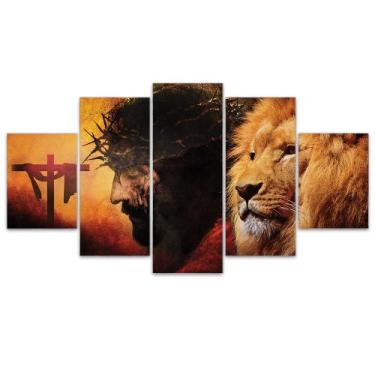 Imagem de Quadro Decorativo em Mosaico MDF Leão Jesus 115x60cm - Império da Impr