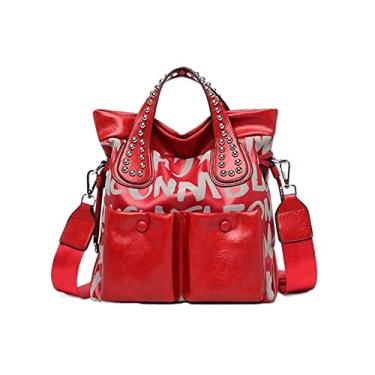 Imagem de Moda Bolsa Feminina Letra Rebite Bolsa de Ombro de Luxo de Couro de Alta Capacidade Bolsa Carteiro Preto de Grande Capacidade(Red,11 * 11 * 4inch)