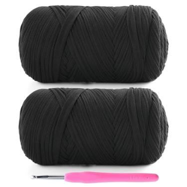 Imagem de Lpalats Pacote com 2 fios de camiseta para crochê - 800 g/200 m fio de camiseta de tecido elástico com 1 agulha de crochê (2, preto)