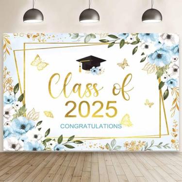Imagem de MEHOFOND 2,1 x 1,5 m Class of 2025 Congratulations pano de fundo azul floral parabéns graduado fotografia fundo borboleta pastel decoração festa formatura confete dourado formatura 2025 faixa de festa