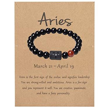 Imagem de Pulseira do signo do zodíaco para homens e mulheres, contas de 8 mm, 10 mm, pedra ônix preta natural, símbolo de estrela, bracelete de horóscopo