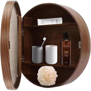 Imagem de Armário de armazenamento montado na parede do banheiro redondo com espelho preto/cor de madeira/cor de noz espelho de maquiagem redondo, c, 70cm