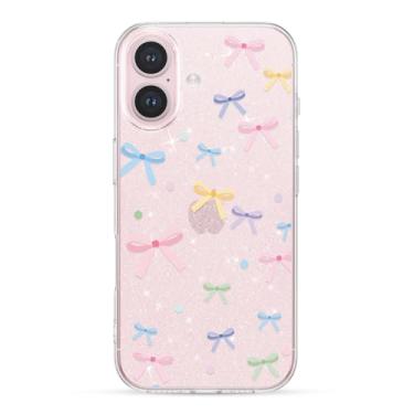 Imagem de ZTOFERA Capa para iPhone 16 Plus com glitter, linda fita transparente com laço e estética, capa protetora de telefone brilhante moderna e macia à prova de choque para mulheres e meninas, colorida