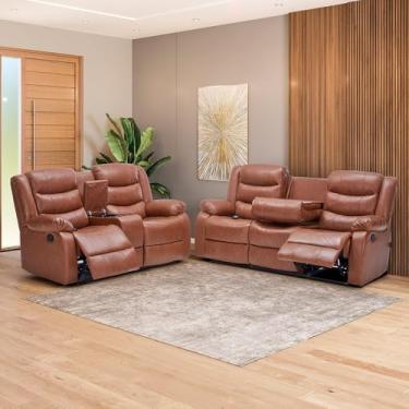Imagem de Conjunto de Sofás 2 e 3 Lugares Sala de Estar Reclinável Hollywood Manual Aquecimento Massagem PU Caramelo G94 - Gran Belo