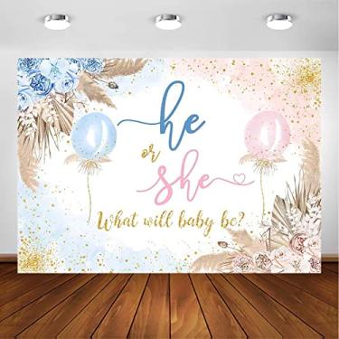 Imagem de Avezano Boho – Pano de fundo revelador de gênero para ele ou ela, decorações de festa rosa ou azul, balão rosa ou azul, grama de pampas, revelação de gênero, fotografia de festa boêmia (2 x 1,5 m)