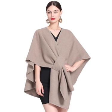 Imagem de Huralona Cardigã feminino aberto/frente cruzada envoltório cor sólida poncho ruana capa plus size para outono inverno, Caqui, Tamanho Único