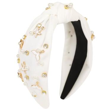 Imagem de Gmmidea Faixa de cabelo com nó oceânico para mulheres, meninas, com contas, concha do mar, estrela-do-mar, sereia, linda faixa de cabelo enfeitada com animais, sereia, decoração de festa de