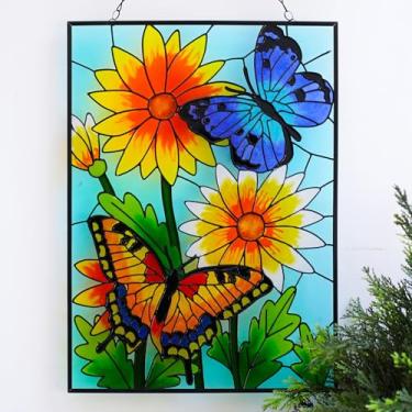 Imagem de VinSees Vitral borboleta grande de 38 x 28 cm para pendurar, painel de vidro e correntes de metal, coletores de sol de tamanho grande para pendurar em janelas. Decorações de parede de borboleta para