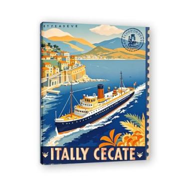 Imagem de LKXGRRSFG Classic Steamboat Coastal Scene Vintage Italian Steamship Canvas Print - Carimbo de papel envelhecido 70 x 91 cm