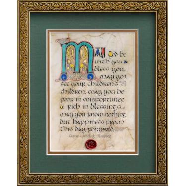 Imagem de Celtic Card Company Impressão de bênção de casamento irlandês moldura dourada manuscritos medievais verdes selo em cera duplo fosco presente irlandês decoração de casa (23 cm x 28 cm)