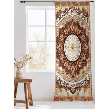 Imagem de Cortina transparente de chiffon floral boêmio laranja bege, vintage, abstrato, estilo étnico, bolso para varão, janela, filtro de luz, privacidade, voile, tratamento de janela para sala de estar