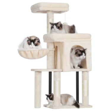 Imagem de Hey-brother Torre de árvore para gatos, postes arranhadores com condomínio aconchegante, cama acolchoada, rede, poleiro de pelúcia, poste de sisal e bola para gatinhos internos, 112 cm, bege MPJ009SM