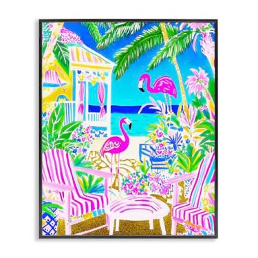 Imagem de Stupell Industries Arte giclée emoldurada em preto com flamingos vívidos na praia tropical, design de Jess Stempel, 40,6 x 50,8 cm