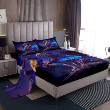 Imagem de Jogo de lençol casal com dragão azul neon, animais selvagens do oeste, 3D, animais selvagens do oeste, bolso alto, fantasia de dragão, preto e azul