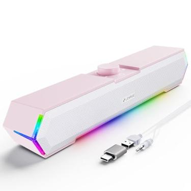 Imagem de LENRUE Alto-falantes de computador G11 para desktop, luzes sensíveis ao toque, alto-falantes de PC com surto de som claro, alimentado por USB C/USB para computador, desktop, laptop, monitor (rosa)