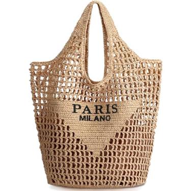 Imagem de Hommtina Bolsa de praia de palha - Bolsa feminina transversal de ombro para férias para o verão, Cáqui 5, Medium