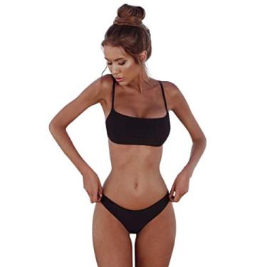 Imagem de Conjunto De Biquíni Feminino De Duas Peças Swimwear Brazili Acolchoado Top Maiô Cor Sólida Trigle Bottom, Black2, XL