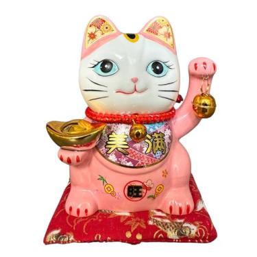 Imagem de Cofrinho de cerâmica Lucky Cat para boa sorte e prosperidade, ornamento Feng Shui Maneki Neko para casa, escritório, loja - 14 cm de altura (rosa)