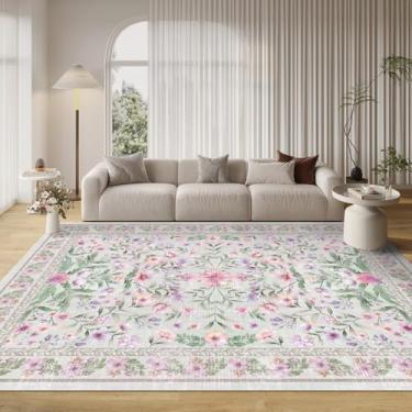 Imagem de Tapete de área boho lavável, 20 cm x 25 cm, roxo, verde, grande, lilás, lavanda, floral, antiderrapante, macio, oriental, cor vintage, tapete para quarto, sala de jantar, berçário, casa, escritório