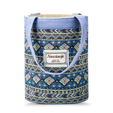 Imagem de HSOOVZN Bolsa feminina, bolsa pequena de juta casual, bolsa de mão bordada personalizada, sacolas de compras reutilizáveis (azul)