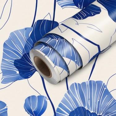 Imagem de HOMETITUTE Papel de parede de flor azul descasque e cole minimalista botânico papel de parede bastão de papel de parede 45 cm x 300 cm vinil autoadesivo para decoração de quarto e sala de estar