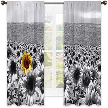 Imagem de Cortina blackout moderna, campo de girassol preto e branco uma única flor amarela paisagem primavera individualidade, cortinas blackout com absorção de som para decoração de sala de jantar/festa, L