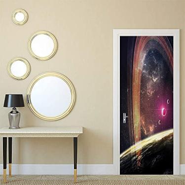 Imagem de Papel de parede de pintura de parede de porta de quarto galáxia, planetas do espaço profundo sobre nebulosa poeira estrelas e anel de halo, arte de ficção científica, para dormitórios, escritórios e