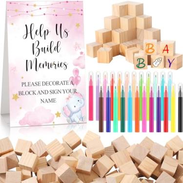 Imagem de Dinifee 125 Pcs Baby Shower Decorate a Block Game Set Includes Help Us Build Memories Sign 100 DIY Blank Wooden Block 24 Paint Marker Prize for Wedding Baby Shower Game(Pink Elephant)