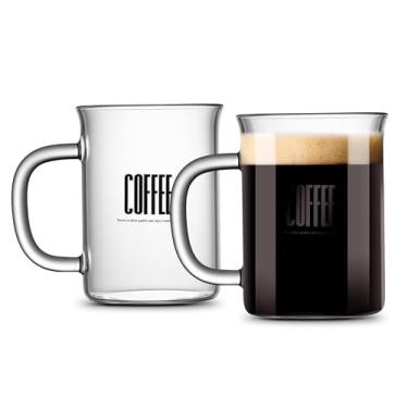 Imagem de Conjunto de 2 peças de canecas de café de vidro com boca de sino de 425 g, xícaras de chá grandes transparentes, acessórios de café fofos, copos de café gelados, copos de vidro sem chumbo para água,